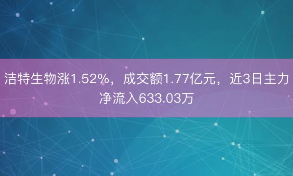 洁特生物涨1.52%，成交额1.77亿元，近3日主力净流入633.03万